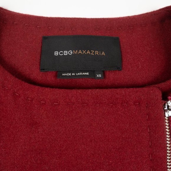 BCBGMaxazria Rouge cranberry red Woven Coat Wool off-center zip jacket size XS - Picture 2 of 9